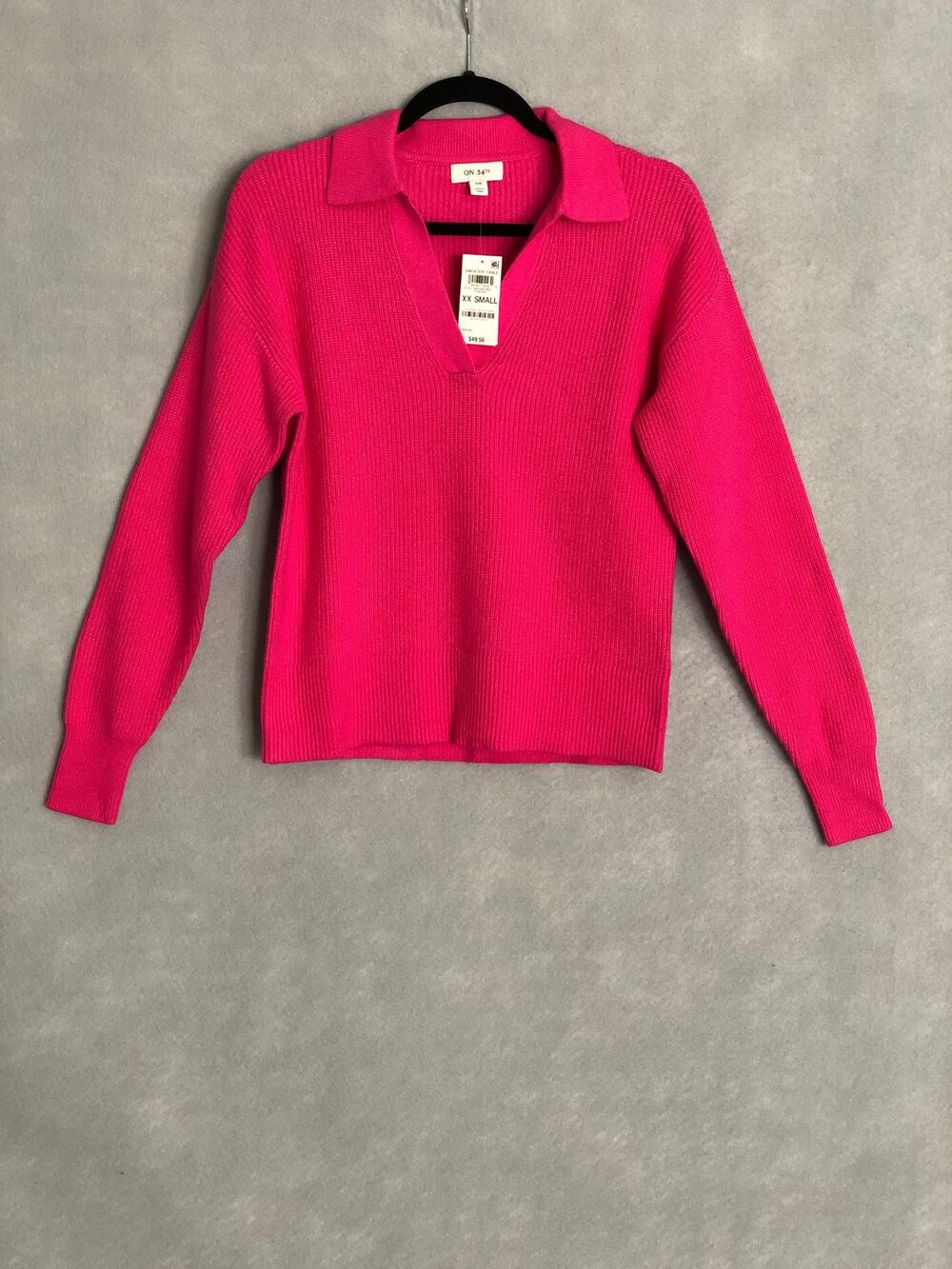 On 34th Knit Sweater V-Neck Ribbed Fuchsia Women's XXS NEW